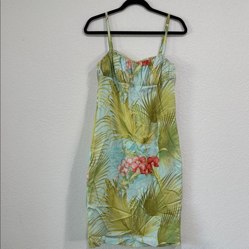 Tommy Bahama 100% silk Tropical Palm Print Slip Dress with Floral Accents